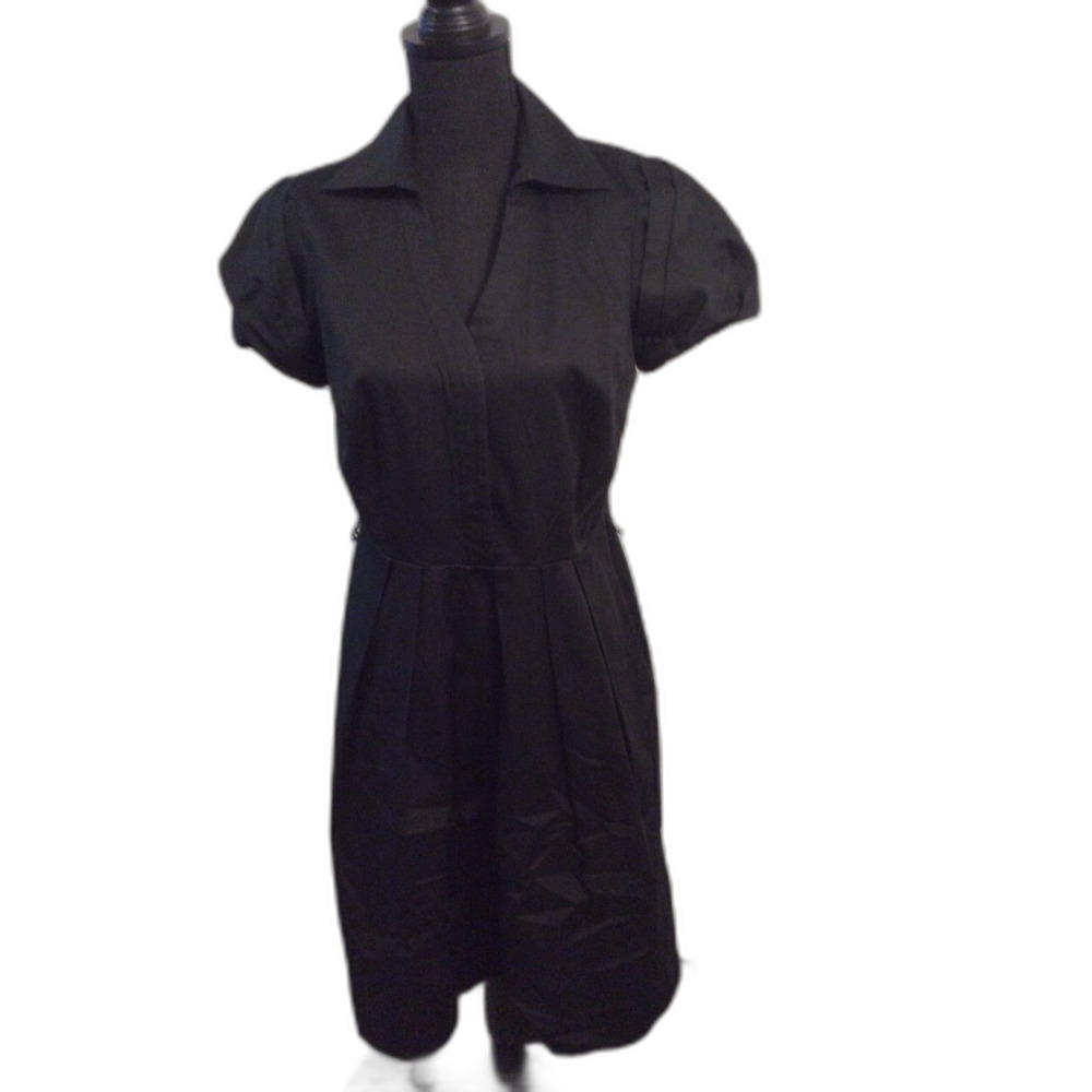 Ann Taylor Black Short Sleeve Classic Pleated partial button V Neck Dress 6